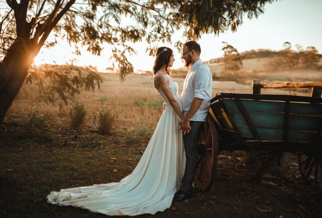bride and groom on farm