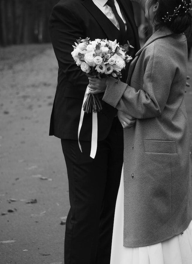 bride and groom in black & white
