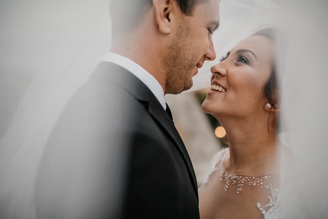 bride and groom looking at each other