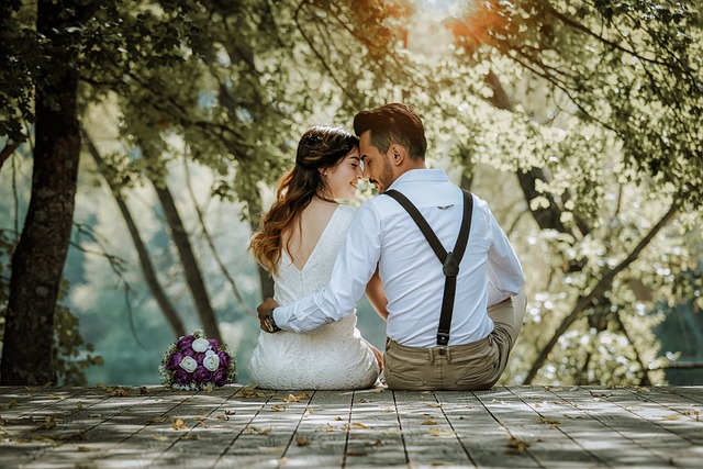 Groom and bride kissing